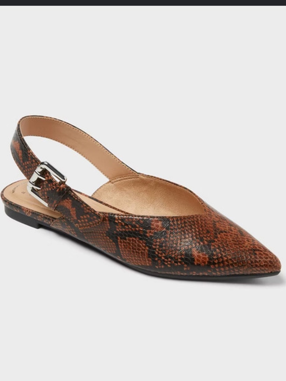 Slingback Pointed Toe Flat in Brown Snake Print